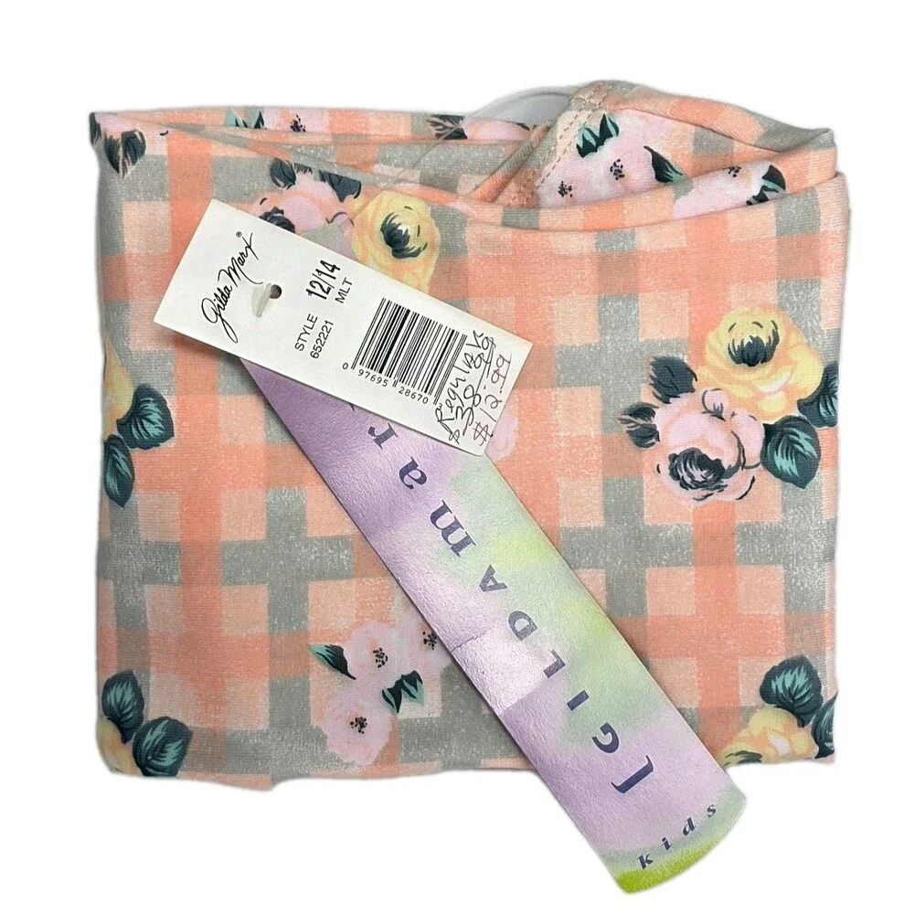 Gilda Marx VTG 90s Kids Cotton Peach Plaid Floral Biketard Singlet Size 12/14